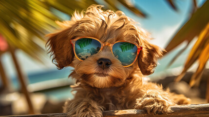 Dog in sunglasses relaxing on a summer beach. Generative AI