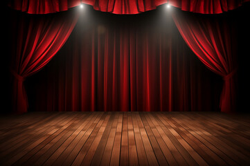 Empty theater stage with red curtains - obrazy, fototapety, plakaty