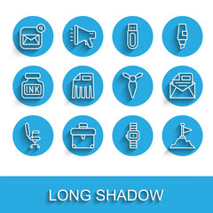 Fototapeta premium Set line Office chair, Briefcase, Envelope, Wrist watch, Mountains with flag on top, Paper shredder, Mail and e-mail and Tie icon. Vector
