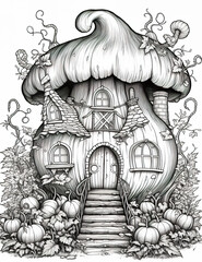 A black and white drawing of a mushroom house. Generative AI.