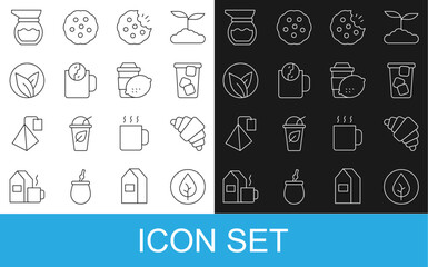 Set line Tea leaf, Croissant, Ice tea, Cookie or biscuit, time, Teapot and Cup of with lemon icon. Vector