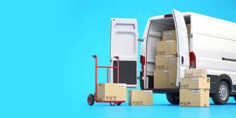 Fast espress delivery concept. Rear view of delivery van with cardboard boxes on blue background.