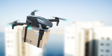 Flying delivery drone  with cardboard box. Express delivery concept.