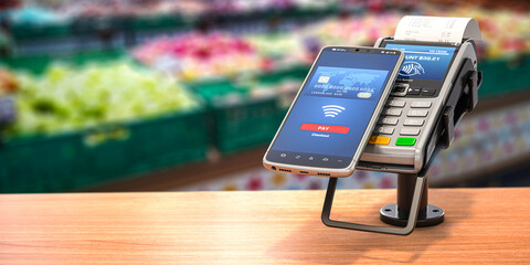 Contactless  payment with smart phone. POS terminal with NFC mobile phone in asupermarket. - obrazy, fototapety, plakaty