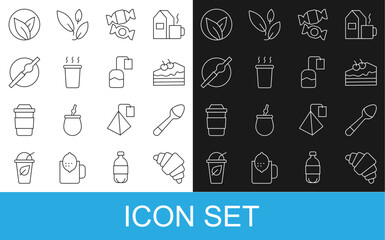 Set line Croissant, Teaspoon, Piece of cake, Candy, Cup tea, Cigarette, leaf and bag icon. Vector