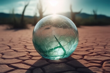 A glass ball sitting on top of a dirt field. Generative AI.