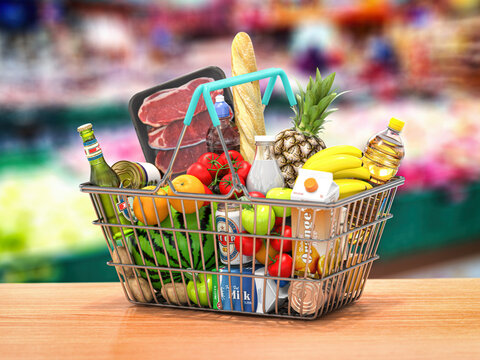 Shopping Basket With Fresh Food In A Grocery Supermarket. Food And Eats Online Buying And Delivery Concept.