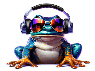 Dj poison dart frog wearing sunglasses and headphones listening to music isolated on white background - Generative AI