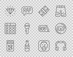 Set line Evidence bag with bullet, Headphones, Stacks paper money cash, Beer bottle, Diamond, Microphone, Rapper and Vinyl disk icon. Vector