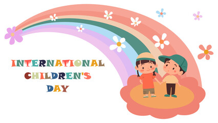 International Children's Day. Image of two kids with rainbow and flowers.