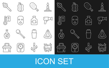 Set line Bar of soap, Sauna hat, Hair dryer, brush, Facial cosmetic mask, thermometer, Honey dipper stick and Bottle vodka icon. Vector