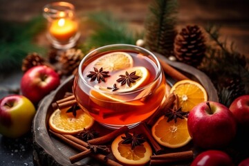 Fototapeta na wymiar Christmas Spicy Tea Mulled Wine with Orange Cinnamon Sticks and Anise Stars Generative AI