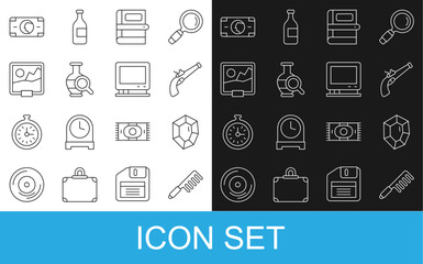 Fototapeta premium Set line Hairbrush, Gem stone, Vintage pistol, Book, Ancient amphorae, Picture, Stacks paper money cash and Retro tv icon. Vector