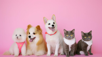 Fototapeta na wymiar Pet cats and dogs group in neutral pink background. AI generated