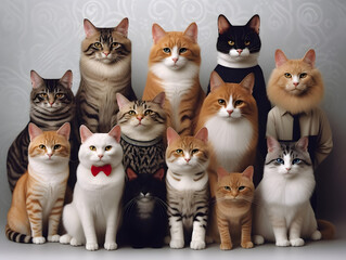 Different types and sizes of cats group. AI generated.