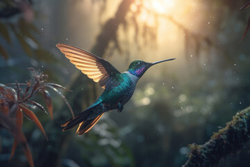 Obraz premium Peaceful hummingbird resting on a branch amidst the vibrant greenery of a lush forest in Costa Rica. AI Generative.