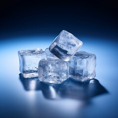 Obraz premium Some ice cubes are being left to melt on a surface. Isolated on plain background. Lighting from the back and top. 