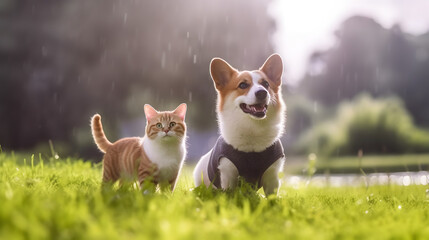 Pet cat and dog on grasses during rain. Pets friendship. AI generated