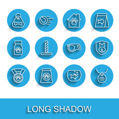 Fototapeta premium Set line Pet award symbol, Bag of food for pet, Dog collar with bone, Aquarium fish, Collar name tag, Cat scratching post toy, Animal health insurance and Retractable cord leash icon. Vector