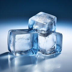 Some ice cubes are being left to melt on a surface. Isolated on plain background. Lighting from the back and top.
