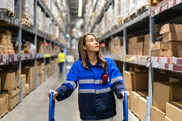 Portrait asian businesswoman shipping order detail check goods and supplies on shelves with goods background inventory in factory warehouse.logistic industry and business import export