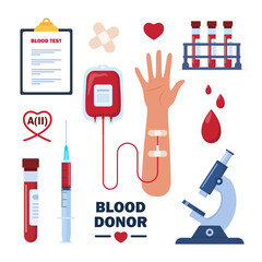 Fototapeta na wymiar Blood transfusion, blood donation set. Hematology icons. Donate Blood, Health Care Concept. World Blood Donor Day. Vector illustration.