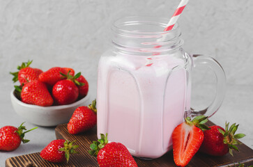 Strawberry Drink, Shake, Smoothie with Fresh Strawberry on Grey Background, Glass with Tasty Refreshing Drink
