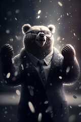 Obraz na płótnie Canvas Ai generated illustration bear dressed as a trader in a suit, .excited