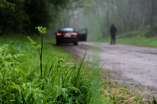 A mysterious figure standing next to a car in the distance. On a spooky forest track. With a shallow depth of field and blurred.