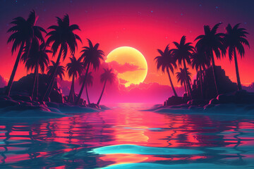 Tropical beach and palm tree background. Retro tone color style. Summer vacation concept. Generative ai.