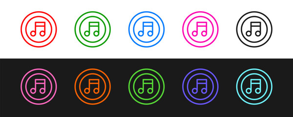 Set line Music note, tone icon isolated on black and white background. Vector