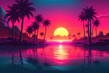 Naklejka na ściany i meble Tropical beach and palm tree background. Retro tone color style. Summer vacation concept. Generative ai.