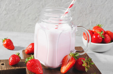 Strawberry Drink, Shake, Smoothie with Fresh Strawberry on Grey Background, Glass with Tasty Refreshing Drink