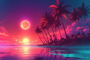 Fototapeta na wymiar Tropical beach and palm tree background. Retro tone color style. Summer vacation concept. Generative ai.