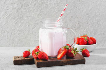 Strawberry Drink, Shake, Smoothie with Fresh Strawberry on Grey Background, Glass with Tasty Refreshing Drink
