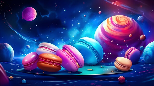 Futuristic food composition in neon colors with an unreal universe of sweets with macaroon cakes, candies and other sweets on the background of galaxies, stars and planets. Generative ai