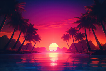 Tropical beach and palm tree background. Retro tone color style. Summer vacation concept. Generative ai.