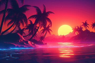 Fototapeta na wymiar Tropical beach and palm tree background. Retro tone color style. Summer vacation concept. Generative ai.
