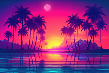 Obraz na płótnie Canvas Tropical beach and palm tree background. Retro tone color style. Summer vacation concept. Generative ai.