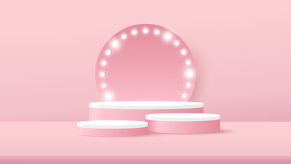Podium platform to show product with circle backdrop with light sign and spotlight on pink background. Vector illustration