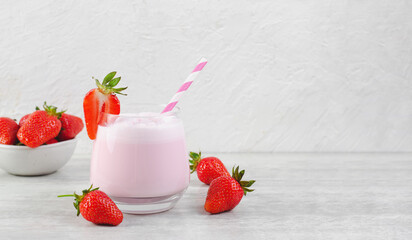 Strawberry Drink, Shake, Smoothie with Fresh Strawberry on Grey Background, Glass with Tasty...