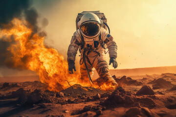 Naklejka premium Astronaut burning on a planet