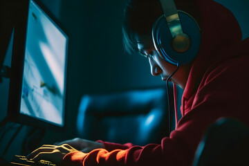 professional gamer playing tournaments online games computer with headphones, red and blue. Neural network AI generated art Generative AI