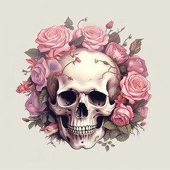 A drawing of a skull with roses around it. Generative AI.