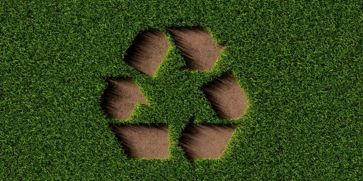 Recycling symbol cut out from grass on brown soil background, ecology, environment or recycling concept, flat lay top view from above