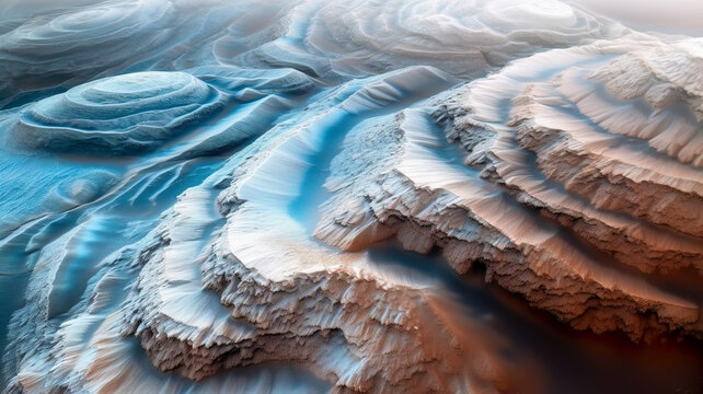 A close-up shot of the South polar cap on Mars, emphasizing the unique layering of ice and dust.