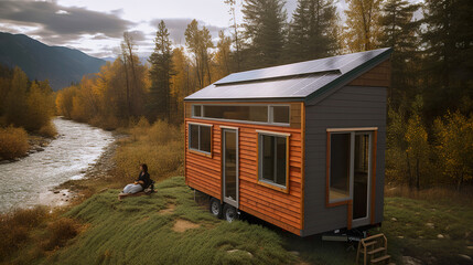 A tiny house sitting on top of a lush green hillside. Generative AI. - obrazy, fototapety, plakaty