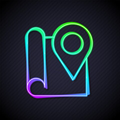 Glowing neon line Folded map with location marker icon isolated on black background. Vector