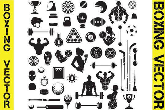 Boxing and competition silhouettes vector image,
Boxing black white elements set with fighter sports clothing and equipment trophies isolated,
Boxing silhouette pack of kickbox silhouettes,