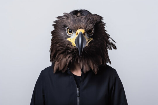 A daring criminal mastermind dons an eagle suit, exuding an air of mystery and intrigue as he poses against a white backdrop. generative AI.